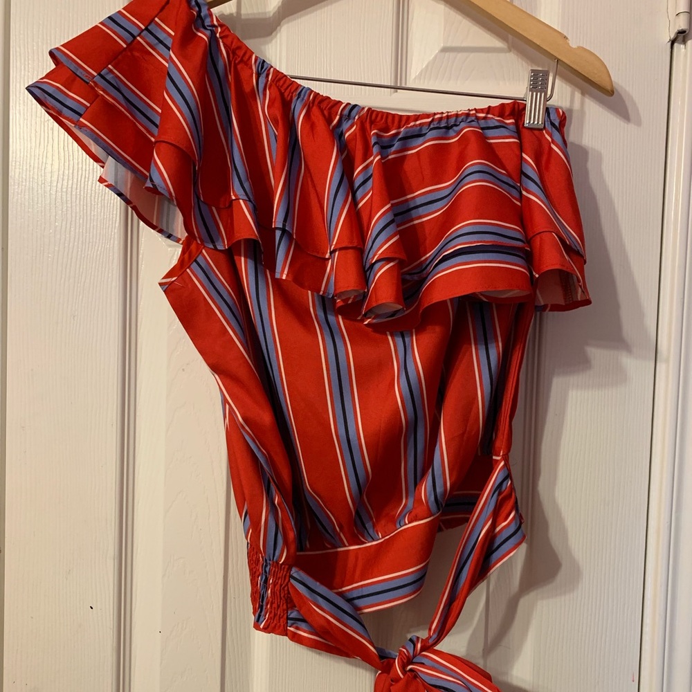 These three boutique one shoulder tie front top